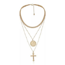 Load image into Gallery viewer, Cross &amp; Coin Pendant Layered Necklace  Master multi layered cross, coin pendant and chocker chain necklace. Trendy three layers with two stunning pendants. Available in silver and Gold.   Chain 33 cm  Coin 2 cm Chain 40 cm  Cross 3.5 cm Chain 46 cm     Please follow care instructions to maintain your pieces quality and integrity. #shopemmasofia
